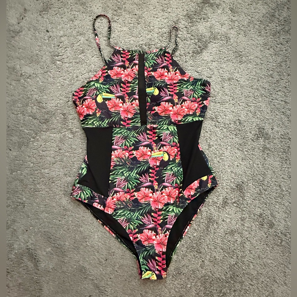 SHEIN winensFloral Toucan One-Piece Swimsuit - Black, Pink, Green